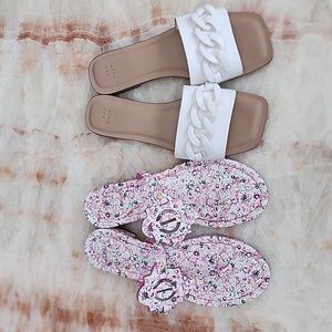 Trendy White Chain Sandals and Floral Pink Flip Flops, Bundle of 2 pairs